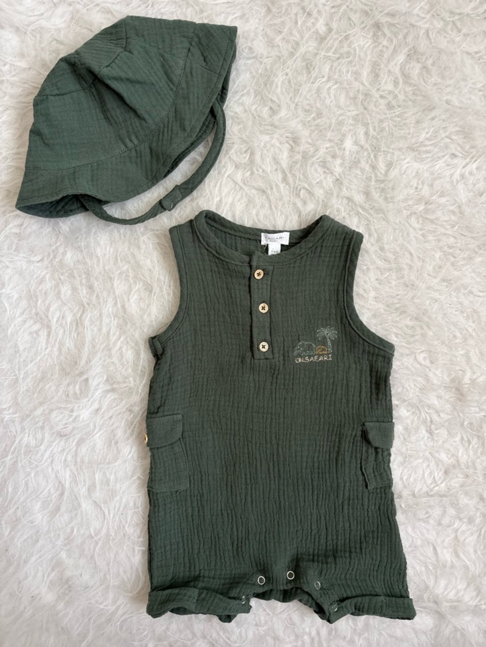 Tahari Baby Olive Green Safari Muslin Romper and Matching Hat Set